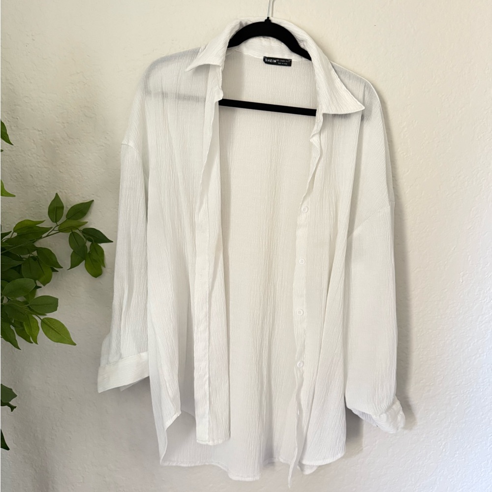 SHEIN White Textured Button-Down Shirt | Size L